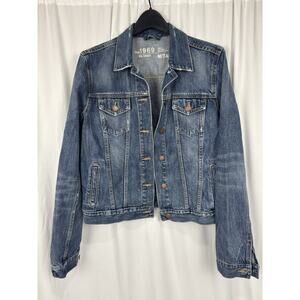GAP Women's Jean Jacket Medium Wash Trucker Blue Broken In Denim Size M Tall